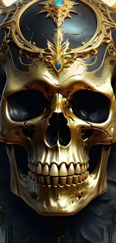 Golden skull with intricate details on a decorative gothic wallpaper.