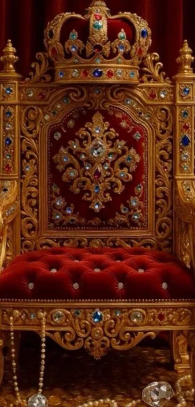 Ornate golden throne with velvet and gemstones.