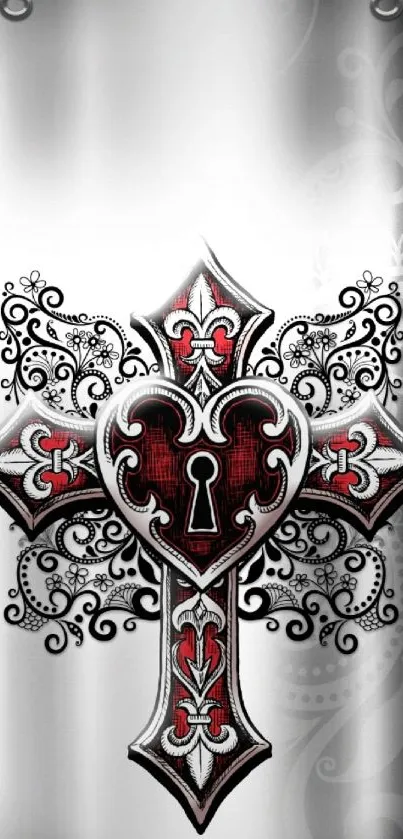 Intricate Gothic cross with red accents on a gray background wallpaper.