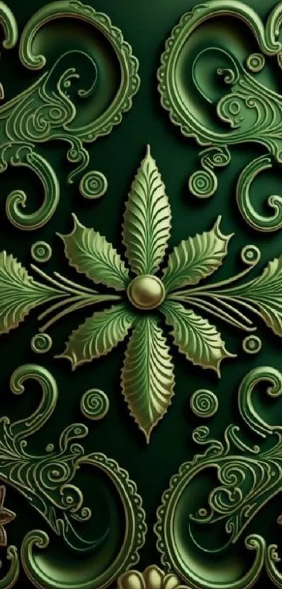 Intricate green leaf pattern wallpaper for mobile devices, featuring ornate design.