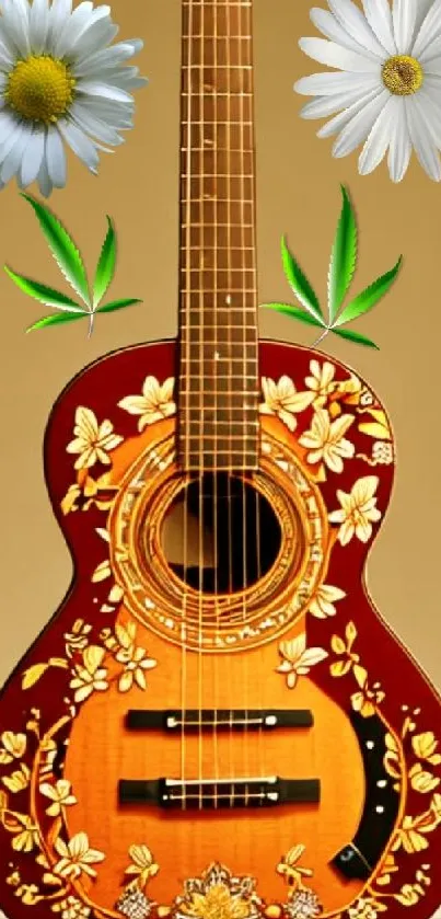Ornately decorated guitar with flowers and daisies on a golden background.