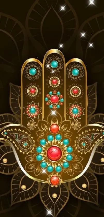 Ornate hand design with colorful gemstones on dark background.