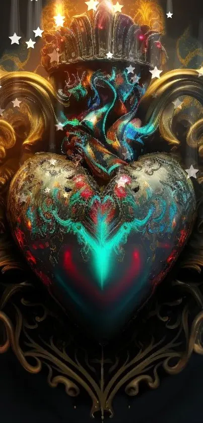 Intricate ornate heart with vibrant teal hues on dark background