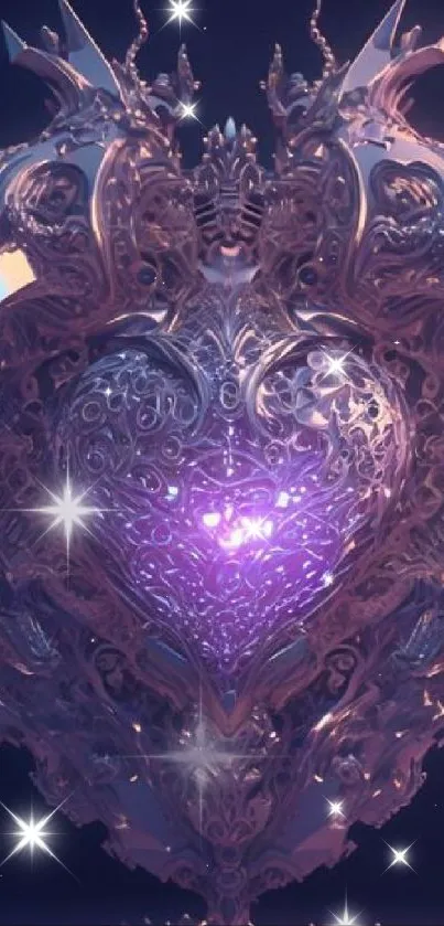 Intricate ornate heart with metallic glow on dark background.