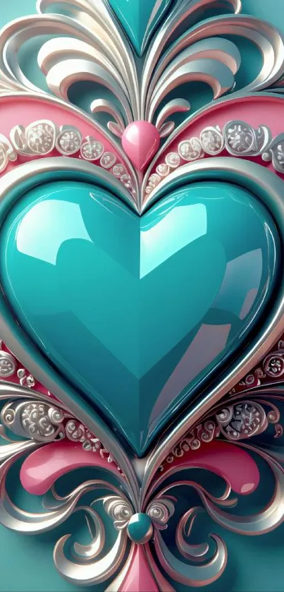Ornate turquoise heart design with elegant details.
