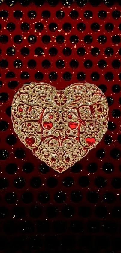 Golden ornate heart on dark red background with black dotted texture.