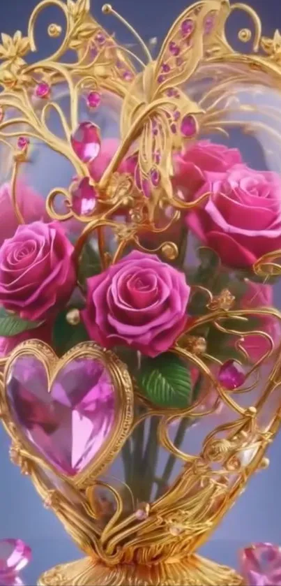 Ornate heart with pink roses and gold accents.