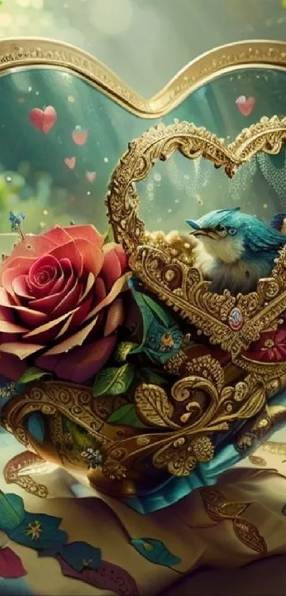 Ornate heart with rose and bird design, elegant gold and nature elements.