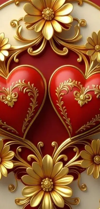 Ornate wallpaper with red hearts and golden flowers.