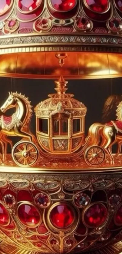 Ornate horse-drawn carriage with red and gold decoration.