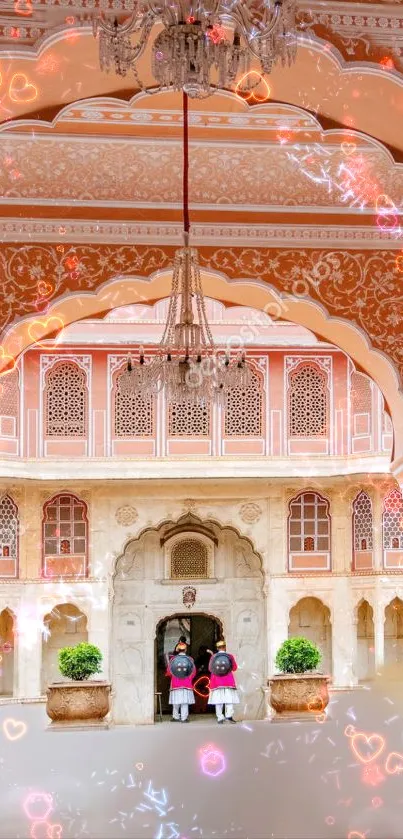 Intricate Indian palace with peach tones and glowing hearts.