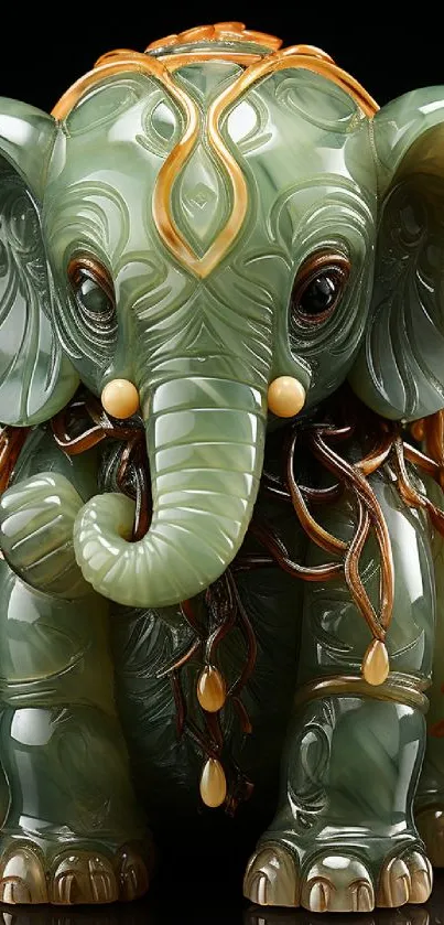 Intricate jade elephant sculpture on black background.