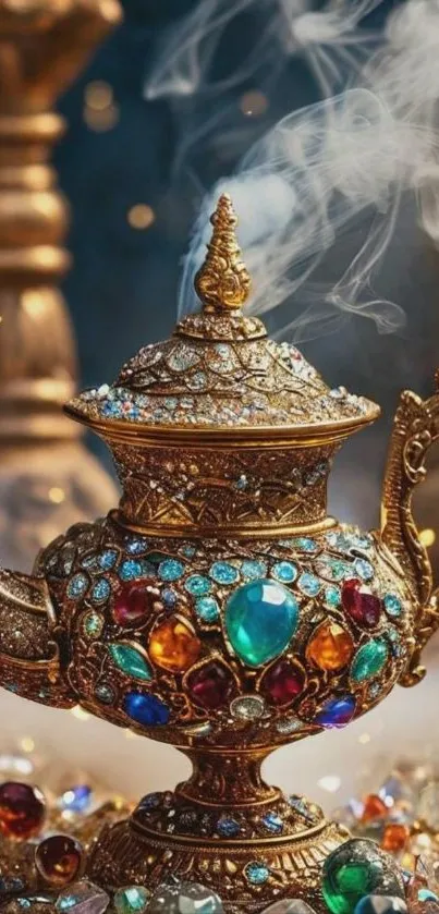 Ornate jewel-encrusted teapot with colorful gemstones.