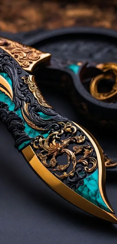 Intricately designed ornate knife with gold and turquoise details.