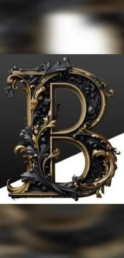 Ornate gold and black letter B on elegant background.