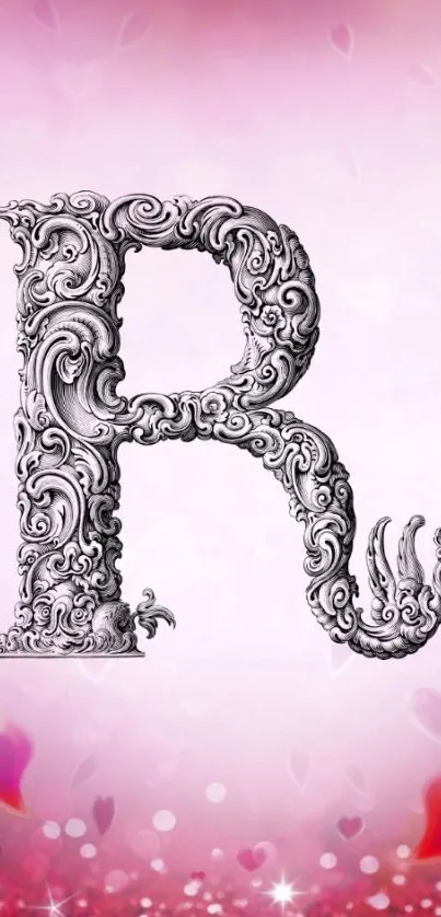 Ornate letter R with pink hearts on mobile wallpaper.