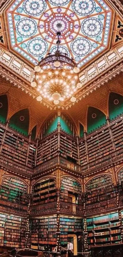 Intricate library with stained glass ceiling and ornate design.