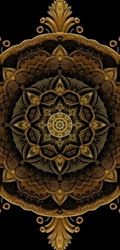 Golden ornate mandala art wallpaper on dark background.