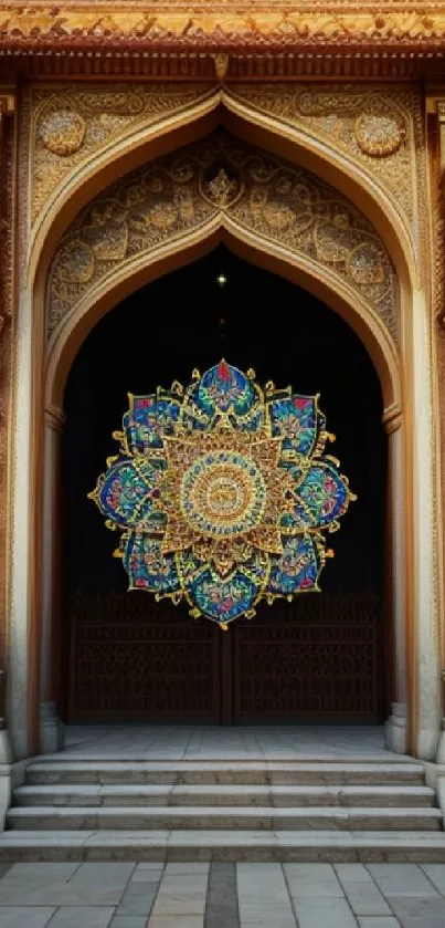 Intricate mandala at a temple entrance with gold ornate details.