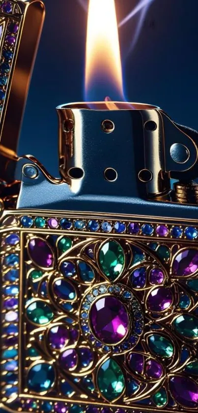 Luxurious ornate lighter with jewel design and flame, against a blue background.