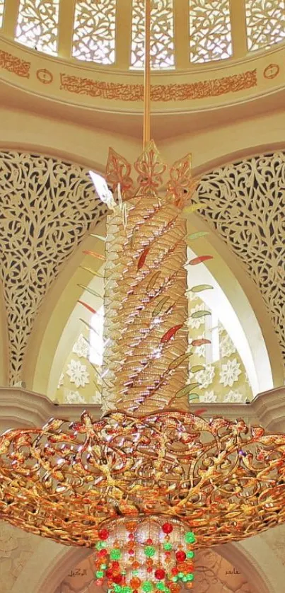 Ornate gold chandelier inside a mosque with intricate designs.