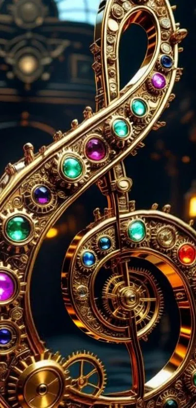 Ornate musical note adorned with colorful gems and gears.