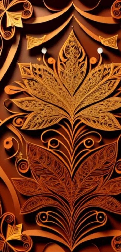 Intricate orange paper art design with floral pattern for mobile wallpaper.