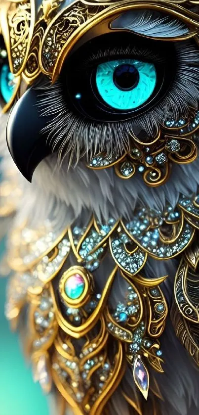 Ornate owl with gold details and vibrant blue eyes on phone wallpaper.