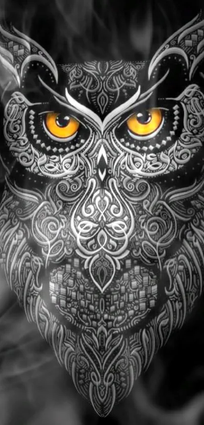 Intricate owl design with glowing yellow eyes on a black background.