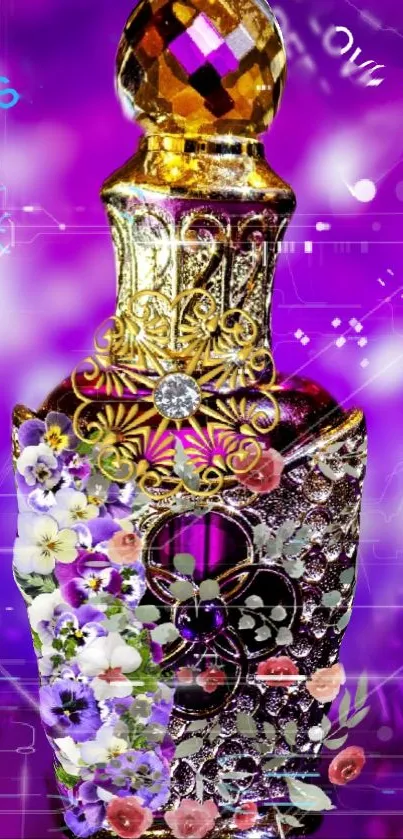 Ornate perfume bottle with purple floral art on a vibrant wallpaper.