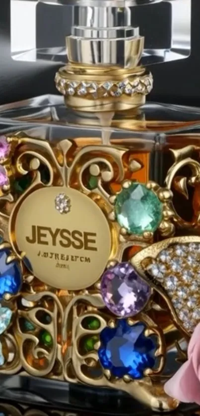 Ornate perfume bottle with colorful jewels and a gold design.