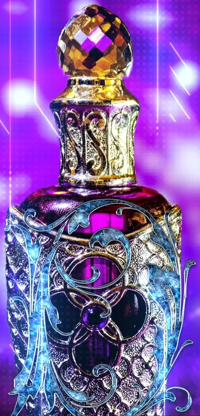 Intricate perfume bottle on purple background wallpaper.