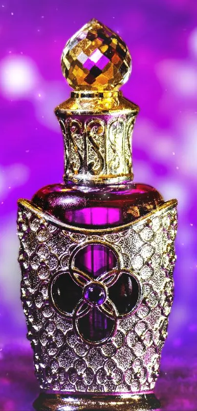 Luxurious ornate perfume bottle on a vivid purple background.