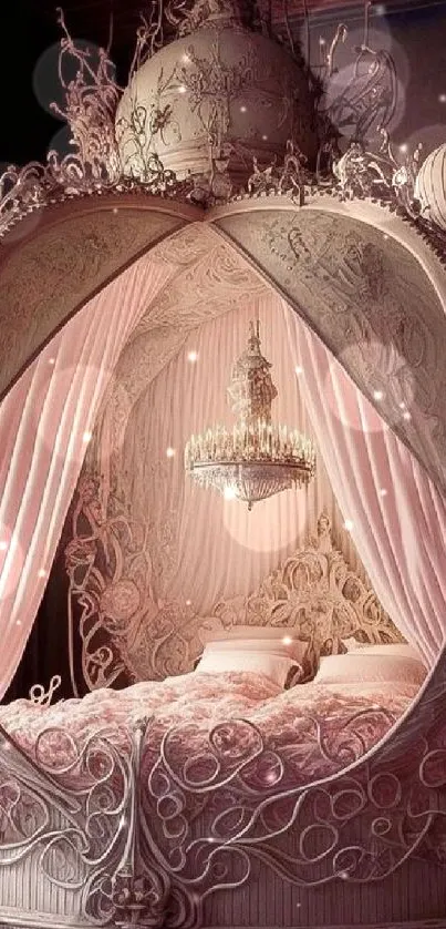 Ornate pink fantasy bed with intricate design features a lavish and dreamy setting.