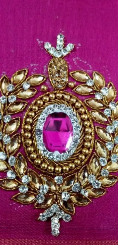 Elegant pink gemstone with ornate golden design on a magenta background.