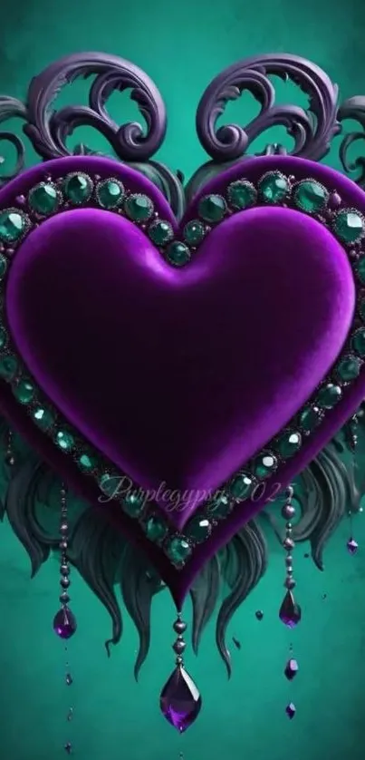 Ornate purple heart with gems and teal background.