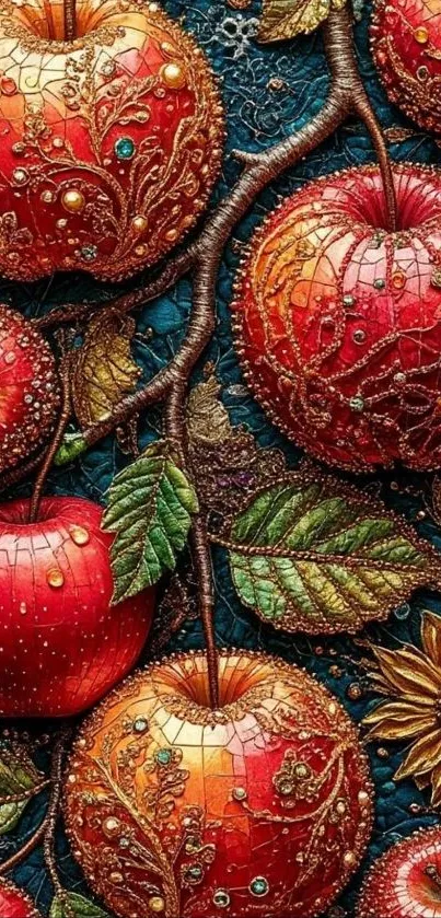 Intricately designed red apples on a dark background wallpaper.
