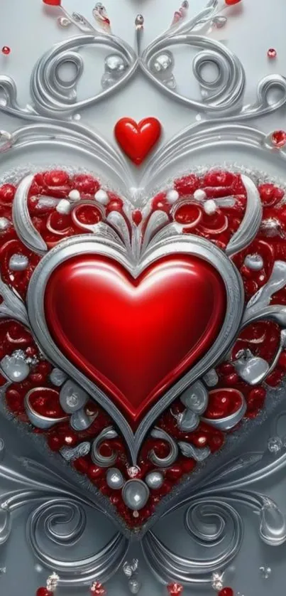 Ornate red heart with silver details on wallpaper.