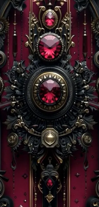 Ornate design with ruby gemstone centerpiece on wallpaper.