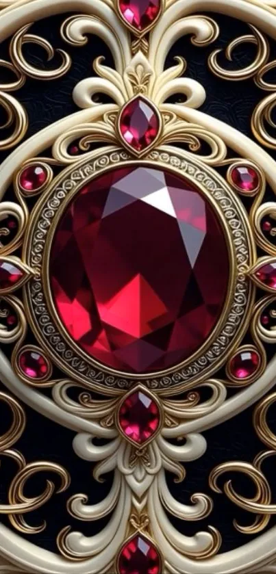 Ornate wallpaper with a central ruby gemstone and golden filigree design.