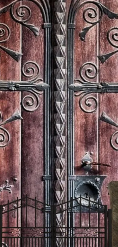 Intricate rustic door with ornate ironwork design, ideal for mobile wallpaper.