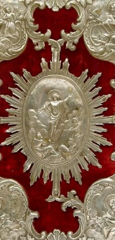 Silver relief on crimson red background with intricate designs.