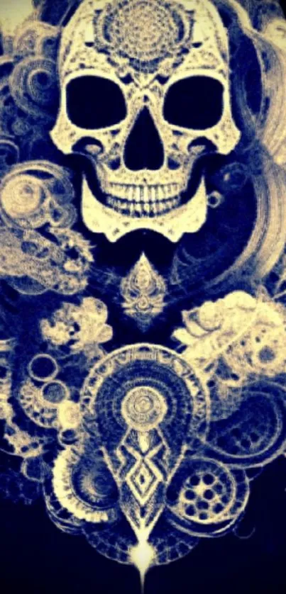 Ornate skull art with dark background and intricate patterns.