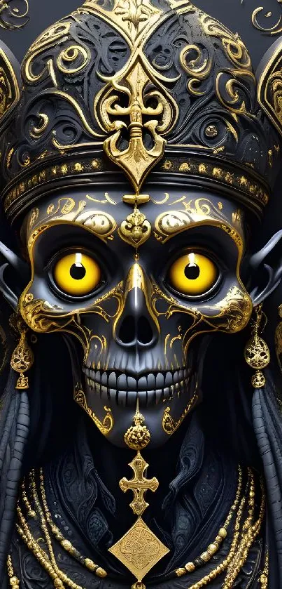 Intricately designed gothic skull with golden details and striking yellow eyes.