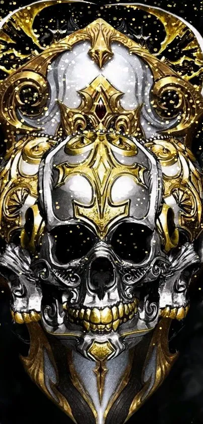 Intricate gold and silver ornate skull wallpaper for mobile devices.