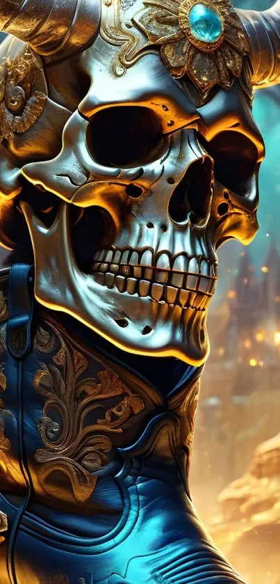 Intricate ornate skull with fantasy backdrop.