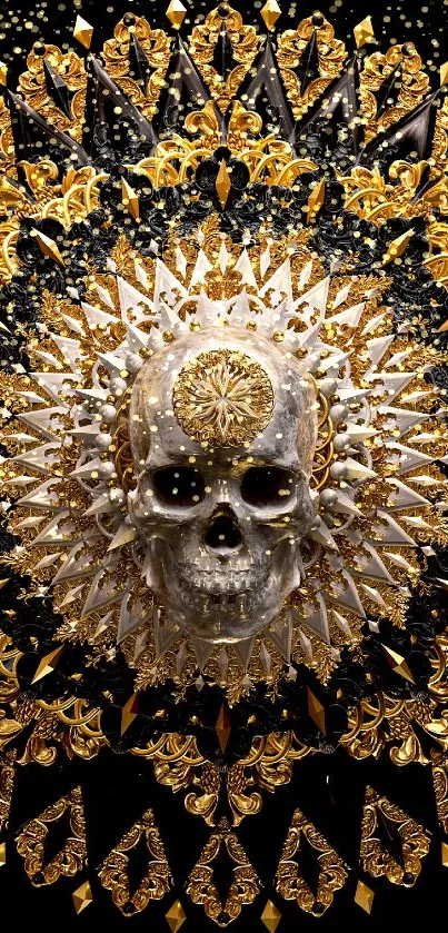 Ornate skull mandala with gold and black pattern on a mobile wallpaper.