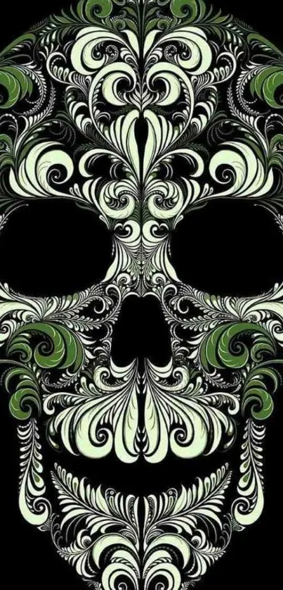 Intricate ornate skull design on black background mobile wallpaper.