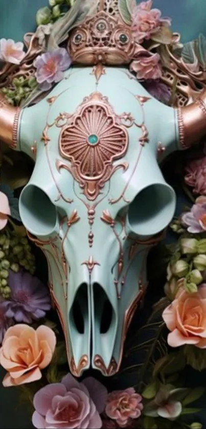 Ornate teal skull with floral decorations.