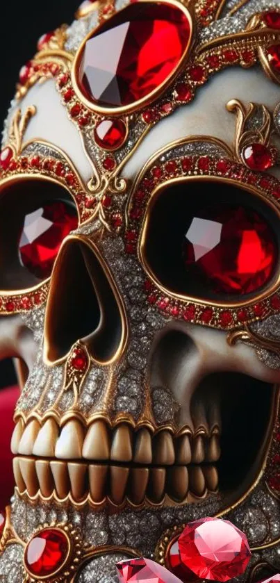 Ornate skull with red gemstones and gold detailing.